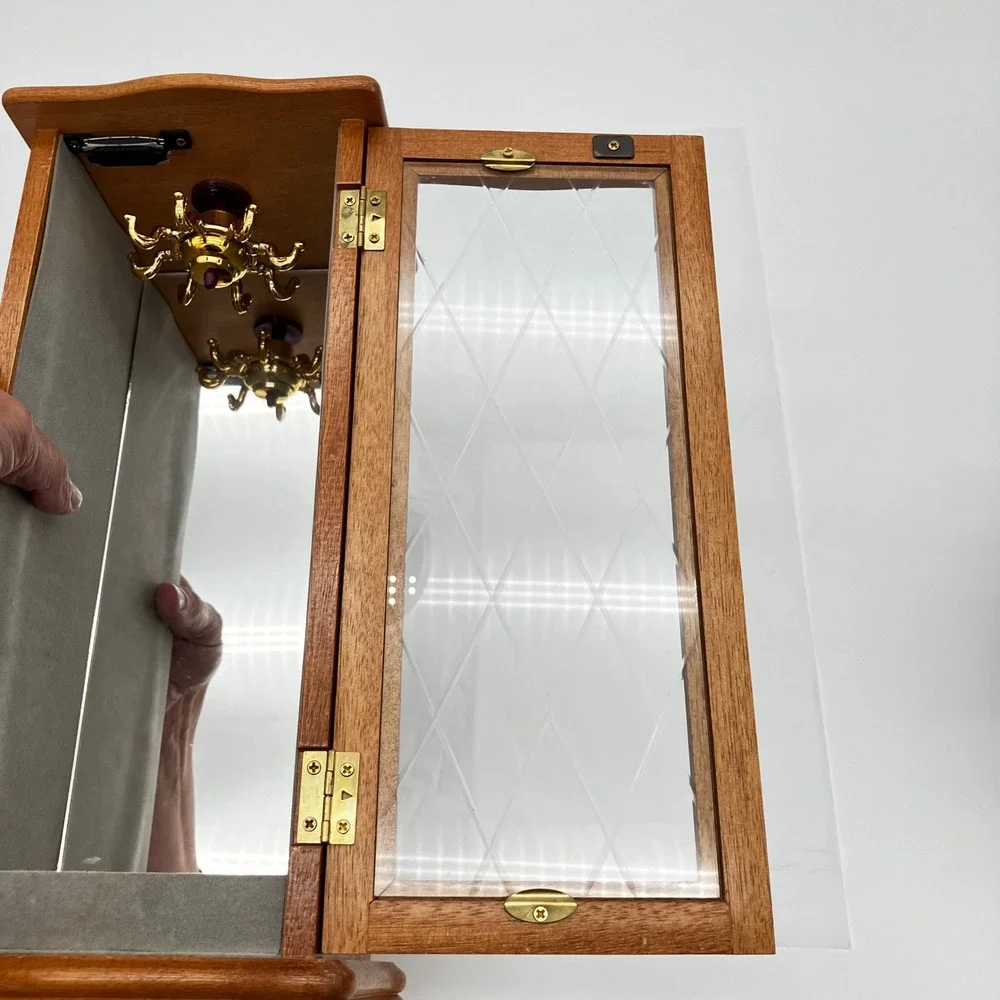 Vintage Wood Jewelry Armoire 14in Brown Etched Glass Rotating Carousel